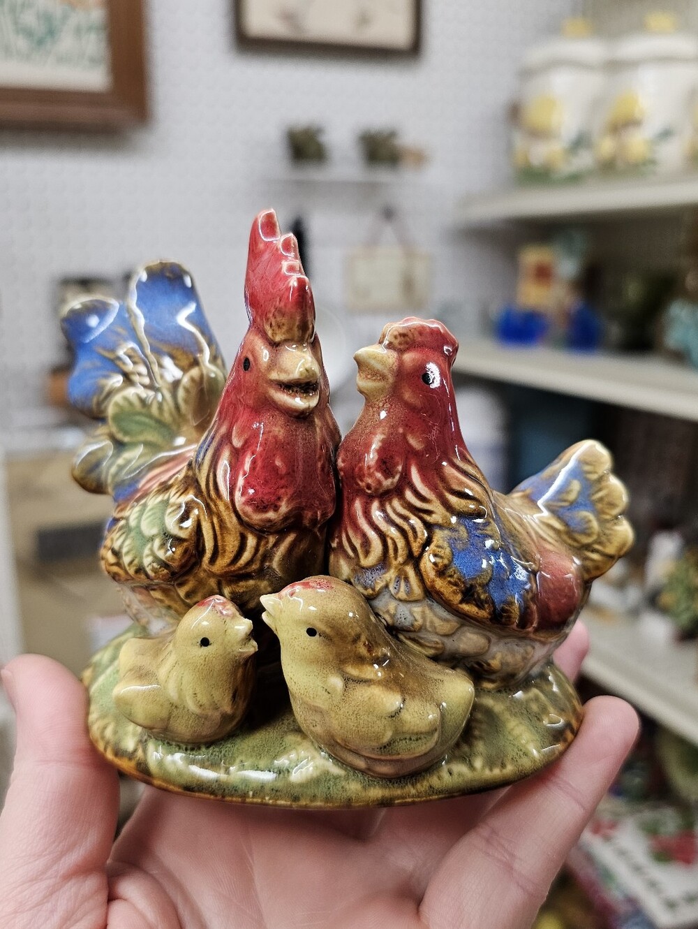 Colorful Ceramic Rooster and Hen Figurine with Chicks Country Charm Cottagecore